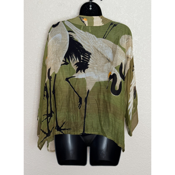 One Hundred Stars Short Kimono Jacket Bird Crane Print Asian Cover Up Open O/S - Picture 3 of 9